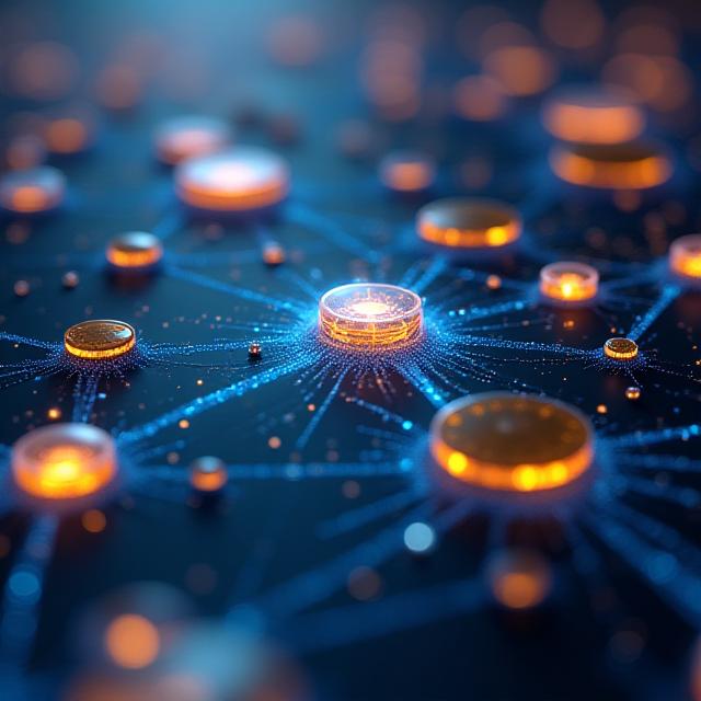 Abstract visualization of interconnected digital nodes and traditional financial symbols