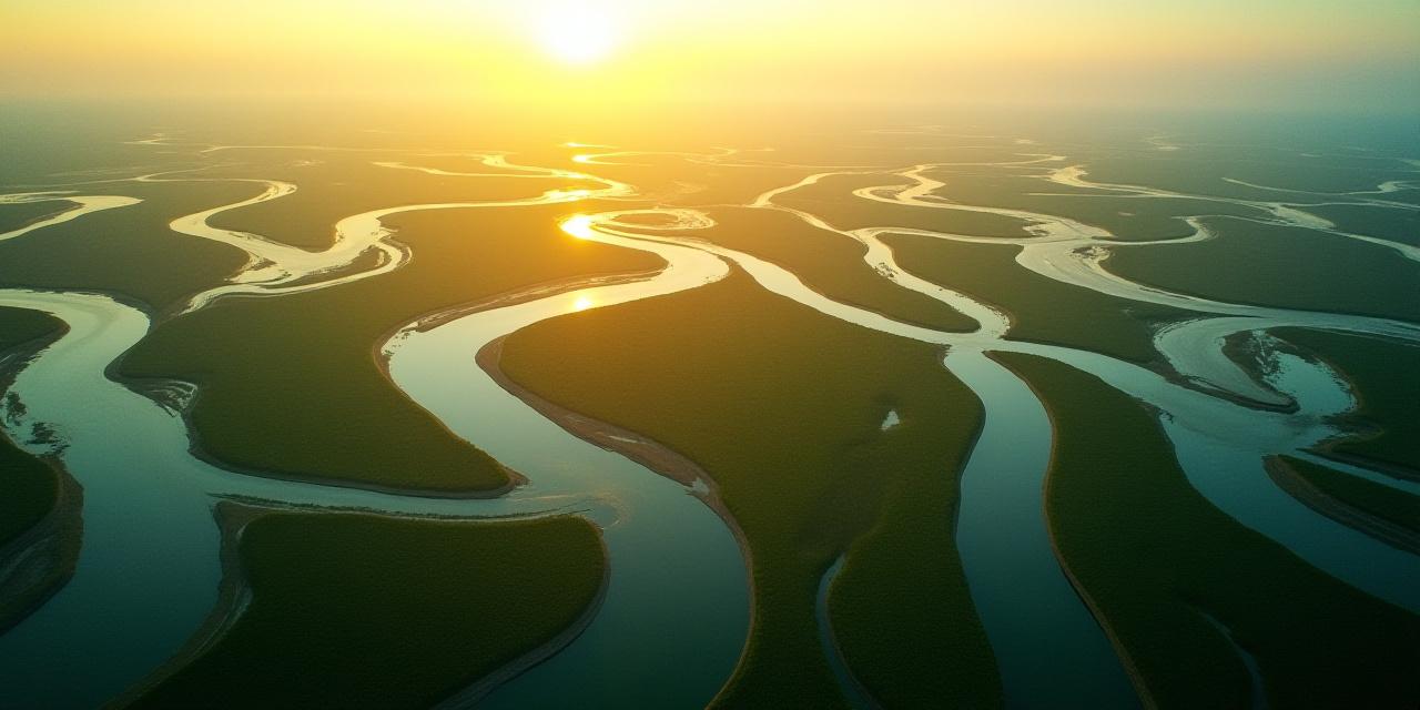 Veduta aerea dei meandri di un fiume italiano al tramonto